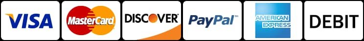Accepted payment icons: Visa, MasterCard, Discover, PayPal, American Express, and Debit