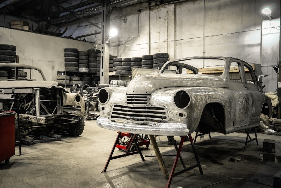 A body panel being worked on in a shop