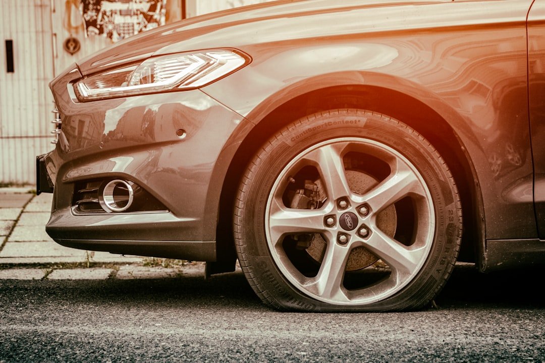 A vehicle's front wheel and hub closeup