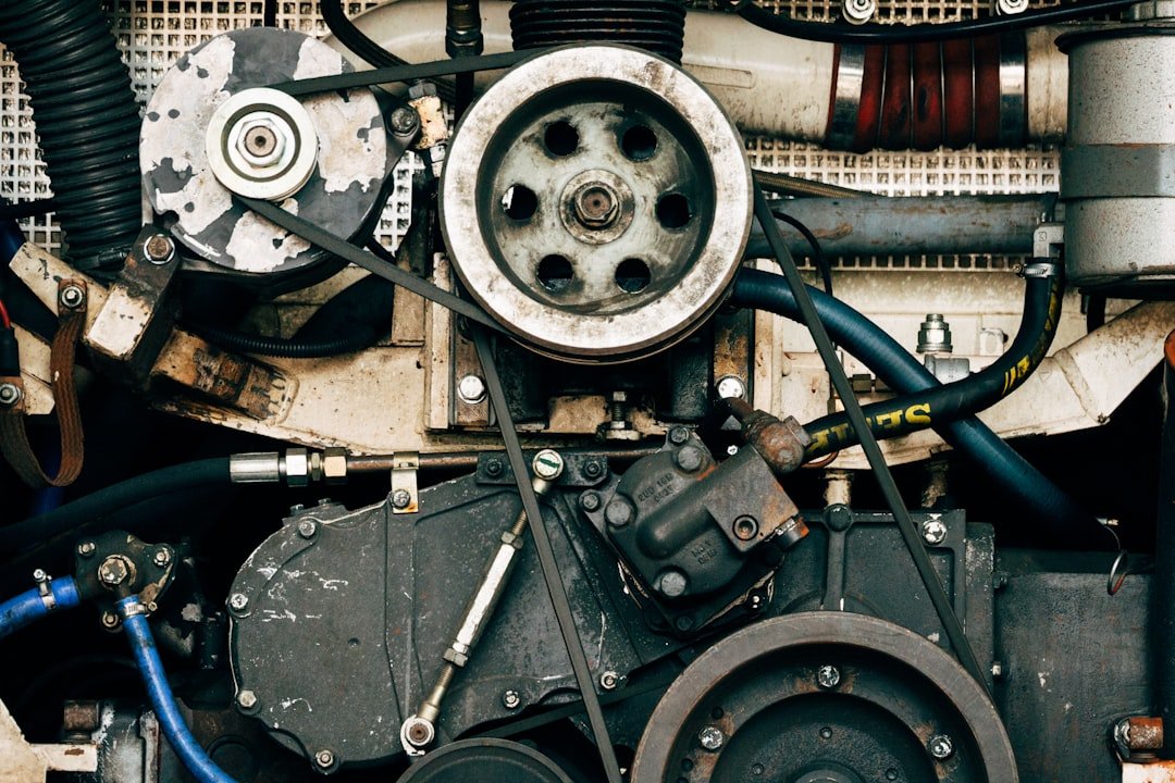 A pulley and belt system in an engine bay
