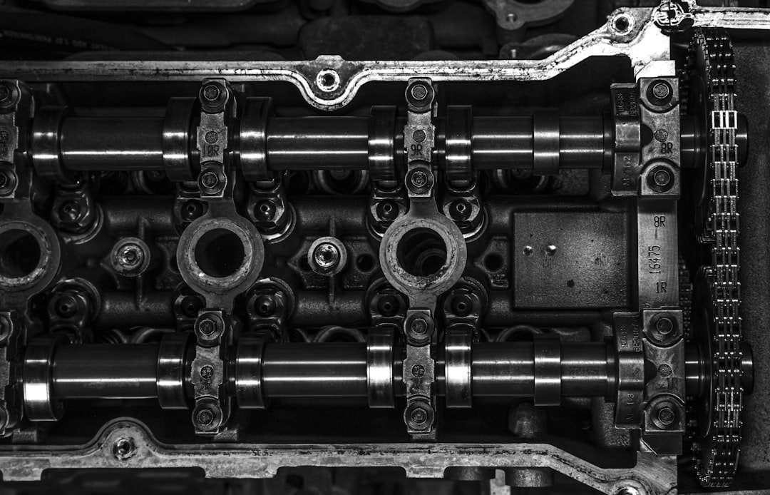 A camshaft and valve assembly closeup
