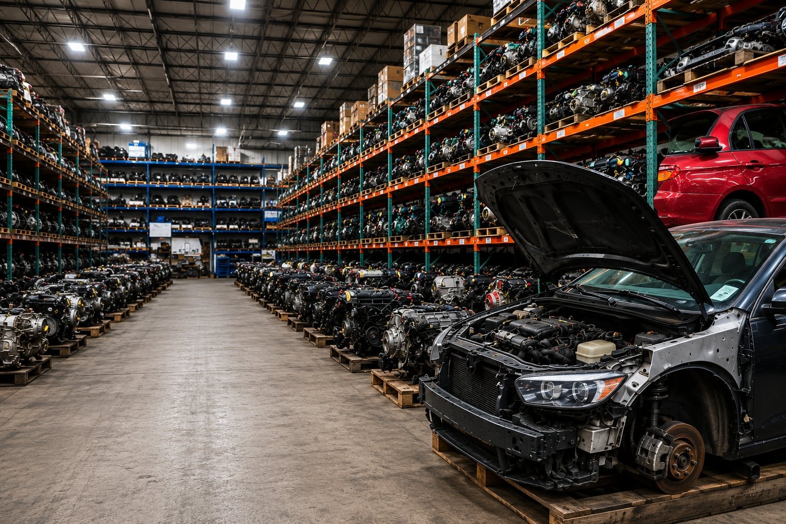 Warehouse aisle lined with used engines on shelving and vehicles with hoods open ready for parts