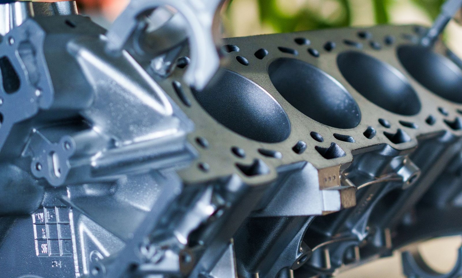 An inline-six engine block closeup