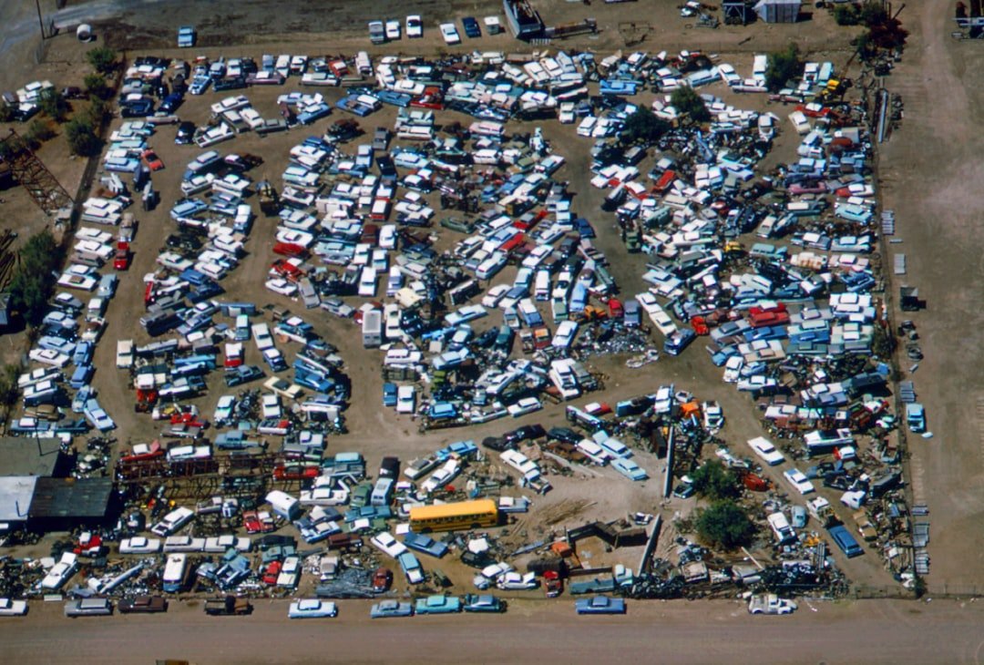 An aerial view of a junkyard