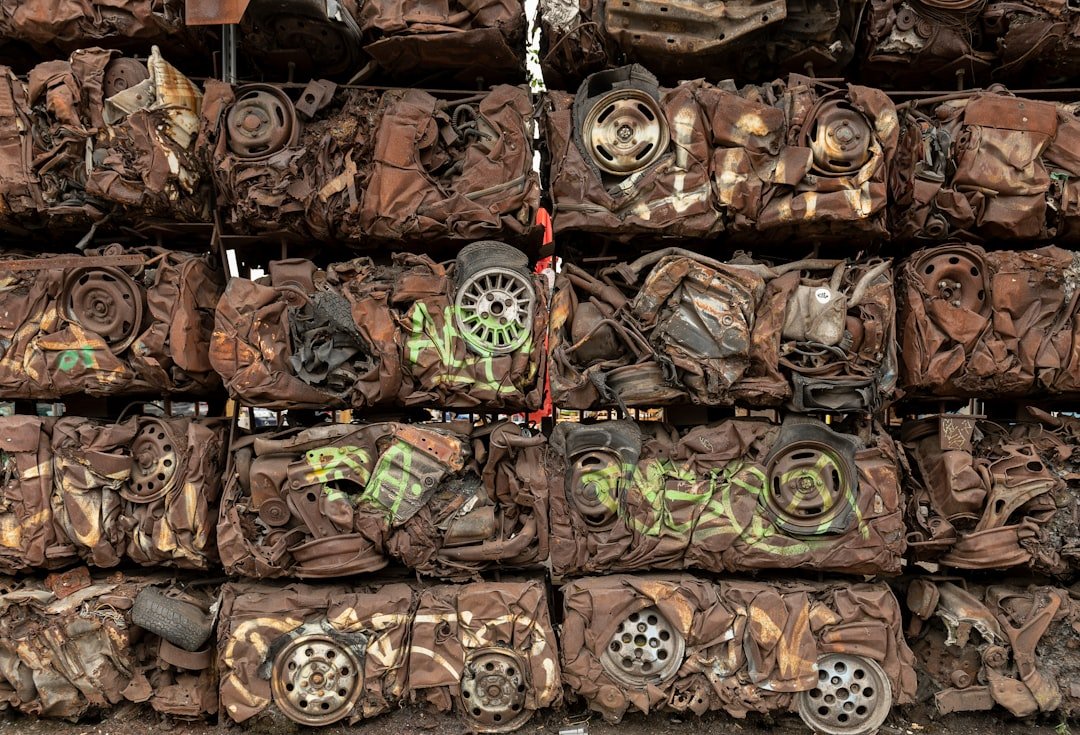 Scrapped auto parts baled at a metal recycler