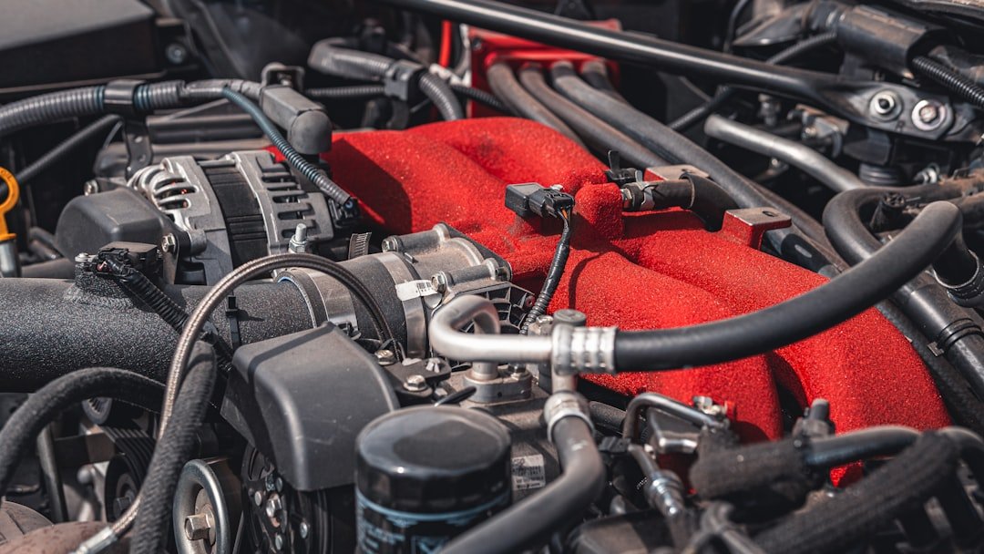 Close-up of engine bay hose connections