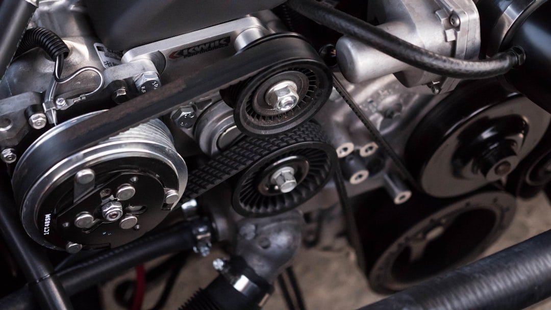 Close-up of a serpentine belt and pulley system
