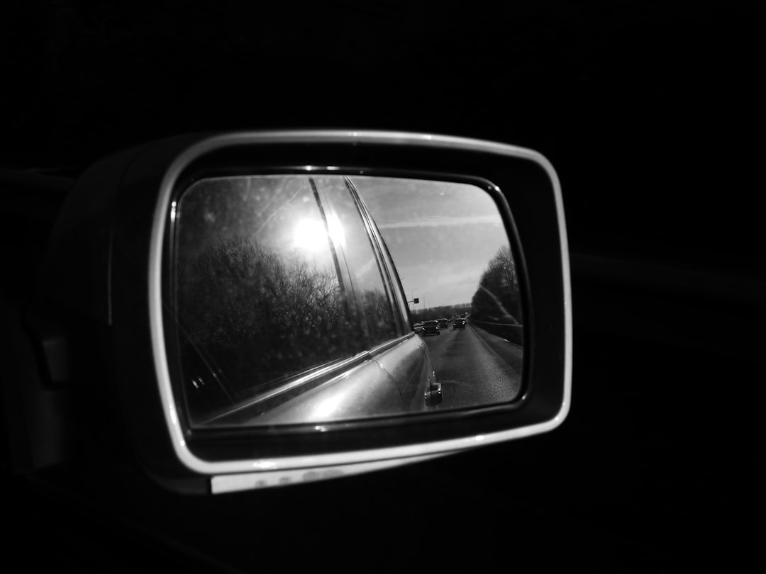 A car side mirror reflecting a road at dusk