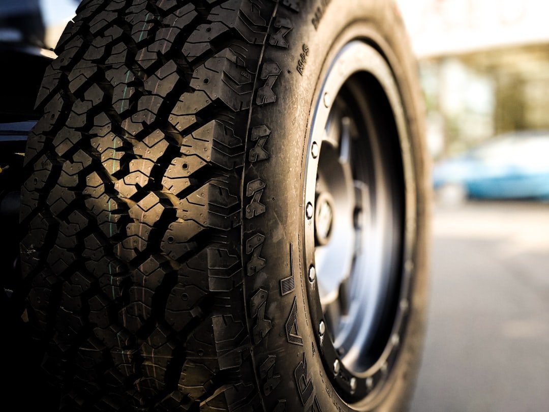 A vehicle's front tire closeup